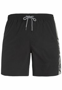 Zwarte zwembroek met een elastische tailleband, witte trekkoord en een gemusterde zijpaneel met verticale strepen.