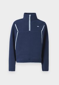 Granatowa bluza polarowa z półzamkiem przy kołnierzu, z jasnoniebieskimi akcentami oraz niewielkim logo na piersi. Miękka w dotyku, o casualowym designie.