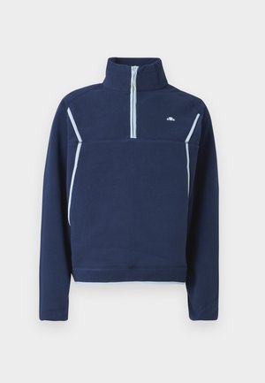 Marineblå fleecegenser med halvlang glidelåskrage, med lyseblå detaljer og en liten logo på brystet. Myk tekstur, avslappet design.