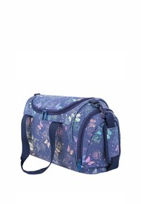 Duffle bag in dark navy fabric with colorful floral and butterfly patterns. Features two handles and a zippered closure.