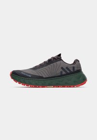Chaussure de trail avec un dessus gris, un design texturé, une semelle intermédiaire verte et une semelle extérieure rouge. Comprend des lacets et un logo sur le côté.