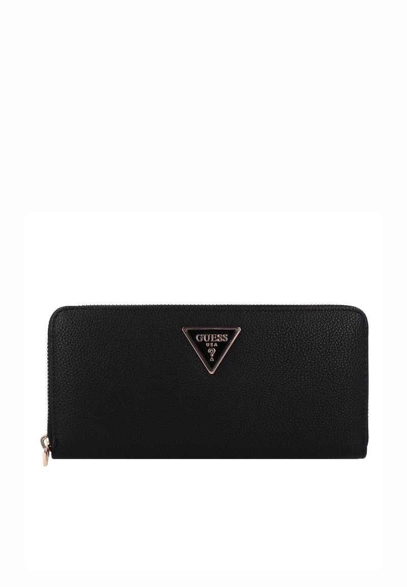 Black leather wallet with a textured surface, zip closure, and a gold-tone triangular logo on the front. Compact and rectangular shape.