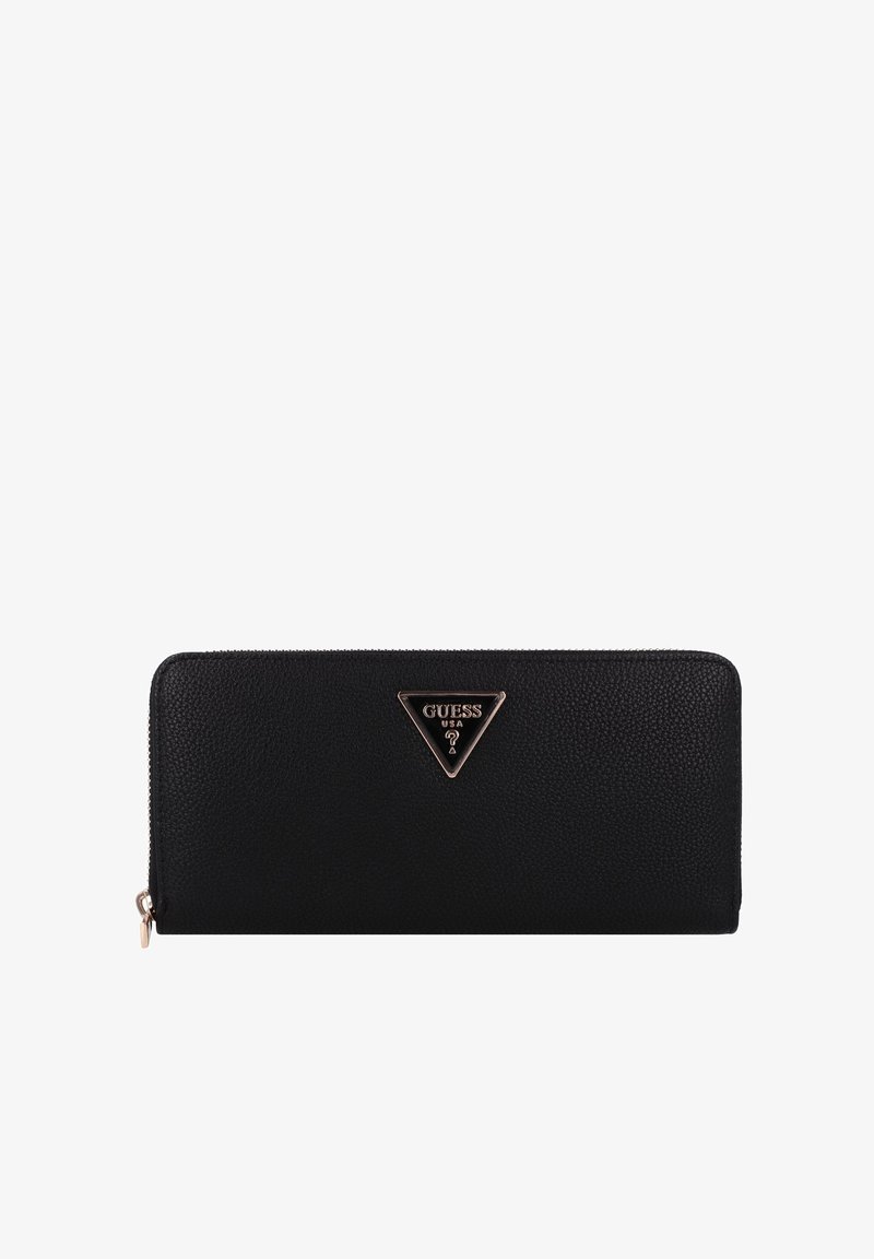Black leather wallet with a textured surface, zip closure, and a gold-tone triangular logo on the front. Compact and rectangular shape.
