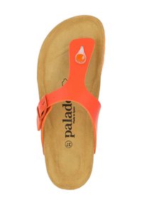 Orange gummisandal med en texturerad brun sula och ett framträdande justerbart band. Har en liten orange detalj nära tåremmen.