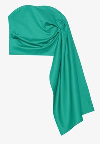 Turkos bandeau-topp av mjukt tyg, med en vriden knutdetalj och en flödande drapering på ena sidan.