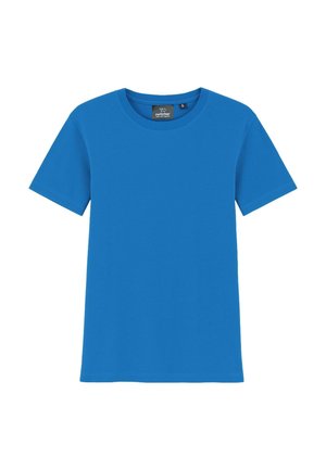 Blaues kurzärmliges T-Shirt aus weichem Stoff mit klassischem Rundhalsausschnitt und geradem Saum. Keine Muster oder Verzierungen.