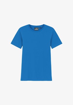T-shirt blu a maniche corte realizzato in morbido tessuto, con collo a giro e orlo dritto. Senza motivi né decorazioni.