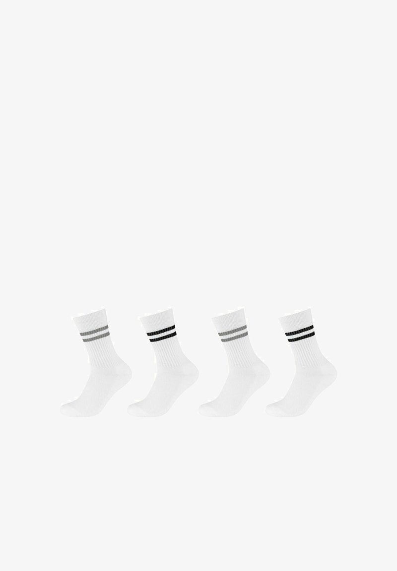 Hvide bomuldsstrømper med ribbet tekstur, der har to vandrette stribemønstre i grå og sort ved ribben. Fire par vist.