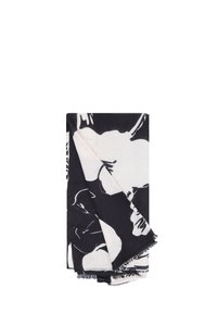 Foulard in bianco e nero con motivo floreale, realizzato in tessuto morbido, con bordi sfrangiati per texture e dettaglio.