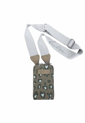 Petit sac bandoulière rectangulaire avec imprimé léopard marron et bleu, sangle réglable grise et détails en cuir.