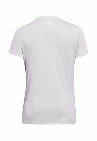 Camiseta blanca de manga corta hecha de tela suave. Diseño de cuello redondo con textura suave y mínima marca en la parte posterior.