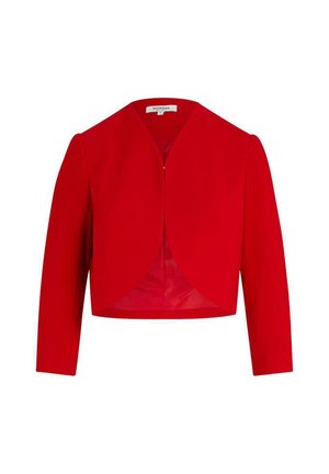 Veste rouge courte avec manches longues, design structuré, devant ouvert et texture lisse. Présente un col arrondi et aucun élément matériel visible.
