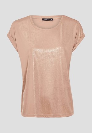 Kurzärmliges, roségoldenes Oberteil mit einer glatten, glänzenden Textur und einem lässigen Schnitt. Mit einem runden Ausschnitt und umgeschlagenen Ärmeln.