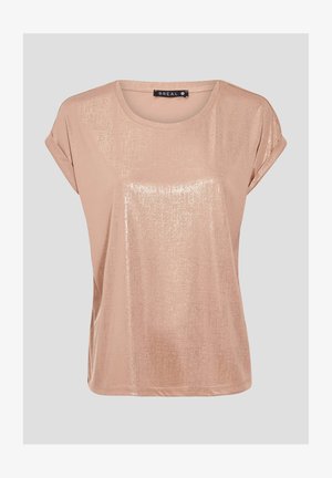 Korte mouw, rosegouden top met een gladde, glanzende textuur en een relaxte pasvorm. Heeft een ronde halslijn en opgerolde mouwen.