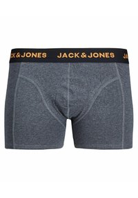 Graue Boxerbriefs mit einem schwarzen Bund, auf dem "JACK & JONES" in Orange steht. Hergestellt aus einem weichen, dehnbaren Material mit einer enganliegenden Passform.