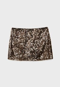 Pailletten-Minirock in Brauntönen und Gold. Er zeichnet sich durch einen geraden Schnitt, eine glatte Textur und eine schimmernde Oberfläche aus.