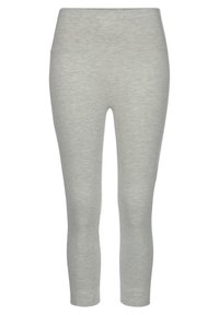 Helle graue Leggings aus weichem, dehnbarem Stoff. Sie verfügen über einen hohen Bund und eine figurbetonte Silhouette. Keine Taschen oder Verzierungen.