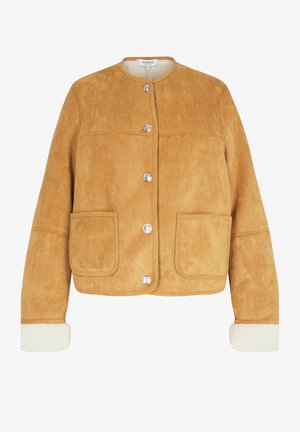 Tan suede jacket with a rounded neckline, front pockets, and silver buttons. Features fleece-lined cuffs for added warmth.