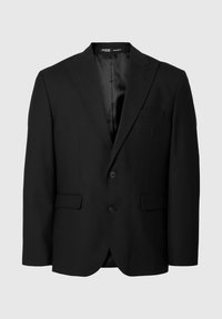 Črn blazer z izrezanim ovratnikom, dvema sprednjima žepoma in dvema gumboma. Gladka tkanina s klasičnim krojem in brez vidnih vzorcev.