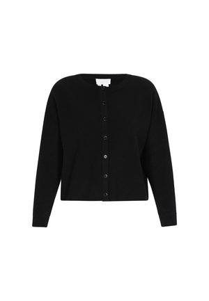 Cardigan noir en tissu doux, avec un col rond et des manches longues. Fermeture à boutons à l'avant avec des boutons ronds noirs.