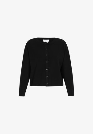 Cardigan noir en tissu doux, avec un col rond et des manches longues. Fermeture à boutons à l'avant avec des boutons ronds noirs.
