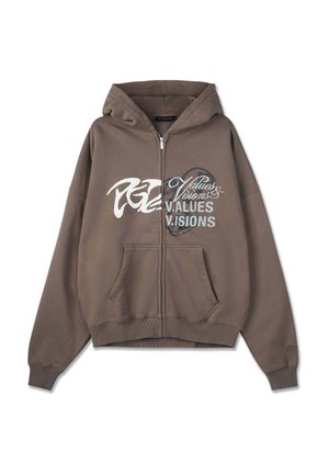 Braune Kapuzenjacke mit Reißverschluss und großem vorderem Aufdruck. Mit verstellbarer Kapuze, zwei Fronttaschen sowie Rippbündchen an Ärmeln und Saum. Einzigartiges Logodesign.