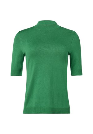 Grüner Kurzarmpullover mit hohem Kragen. Weiche Stricktextur, enganliegendes Design und gerippte Akzente an Ärmeln und Saum.