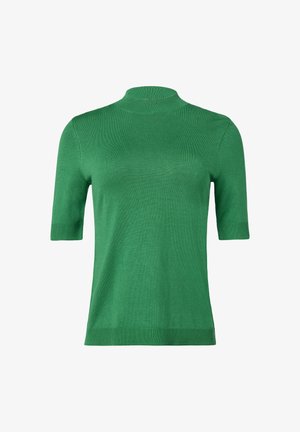 Grüner Kurzarmpullover mit hohem Kragen. Weiche Stricktextur, enganliegendes Design und gerippte Akzente an Ärmeln und Saum.