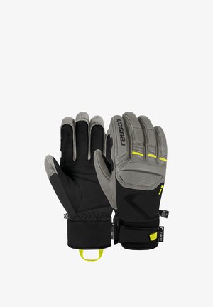 Gray and black winter gloves with a textured grip, reinforced fingertips, and a padded cuff. Features yellow accents and a secure strap.