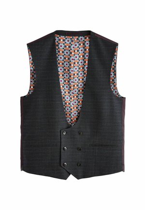 Black vest with a deep V-neck design, featuring a geometric patterned lining in orange, blue, and purple. Includes two side pockets and buttons.