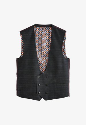 Schwarze Weste mit einem tiefen V-Ausschnitt, ausgestattet mit einer geometrischen, orange-blauen-lila gefärbten Innenverkleidung. Enthält zwei Seitentaschen und Knöpfe.