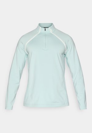 Světle modrý dlouhý rukáv top s vysokým límcem, uzávěrem na půl zip, kontrastním bílým prošíváním a těsným střihem vhodným pro aktivní nošení.