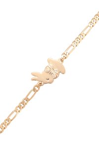 Gouden armband met een schakelkettont ontwerp, met een centraal bedeltje in de vorm van een konijn in een strikje. Glad oppervlak en gepolijste afwerking.