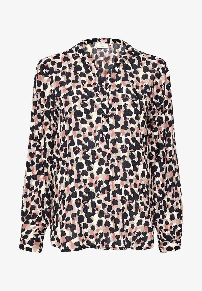 Blouse à manches longues avec imprimé léopard abstrait noir, rose et beige, col en V, patte de boutonnage sur le devant et coupe ample.