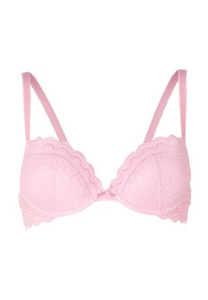 Reggiseno rosa in pizzo con bordi scallop, spalline regolabili e un intricato motivo floreale sulle coppe e sul sottobusto.