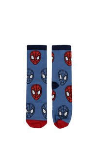 Calze blu con un motivo di volti di Spider-Man rossi e grigi, con punta e polsino rossi, realizzate in tessuto morbido con una texture liscia.