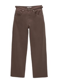Pantalon marron à jambes droites avec bouton et fermeture éclair à l'avant, passants de ceinture et deux poches avant, présenté à plat sur fond blanc.