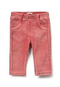 Kordové kalhoty v barvě prachově růžové s jemnou texturou, s knoflíkovým zapínáním, předními kapsami a kontrastními švy.