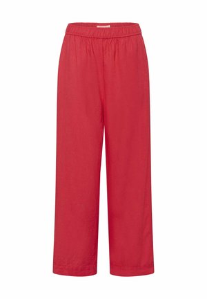 Taille élastique rouge, pantalon droit avec larges ourlets, en tissu doux et léger.