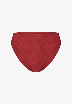 Roter Bikini-Unterteil mit glatter Textur, hoch tailliertem Design und dezentem Muster. Stickdetails entlang der Kanten, keine zusätzlichen Verzierungen.