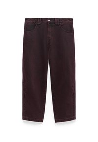 Pantaloni in denim bordeaux con vestibilità ampia, dotati di cinque tasche, chiusura con bottone classico e dettagli di cucitura angolare sulle gambe.