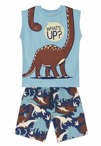 Das blaue ärmellose Top hat ein braunes Dinosaurier-Motiv und den Schriftzug "WAS GIBT'S?" Die Shorts haben ein mehrfarbiges Dino- und Blattmuster auf einem blauen Hintergrund.