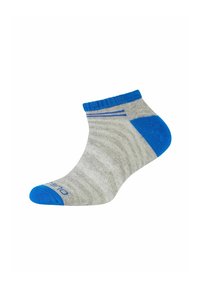 Graue Knöchelsocke mit blauen Akzenten und gestreiftem Design. Hergestellt aus weichem Material, mit verstärktem Zehen- und Fersenbereich für zusätzliche Haltbarkeit.