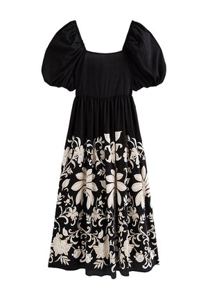 Zwarte midi-jurk met opgeblazen korte mouwen en beige bloemenborduursel langs de onderste helft en zoom van de rok.
