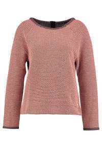 Sweter dziergany o fakturowanym koralowym kolorze z szerokim dekoltem i długimi rękawami raglanowymi. Zawiera kontrastowe ciemne wykończenie przy dekolcie i na dole.