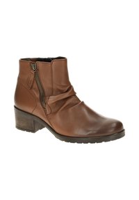 Brown leather ankle boot with a slouched design, side zipper closure, and a low stacked heel. Textured surface with minimalist detailing.