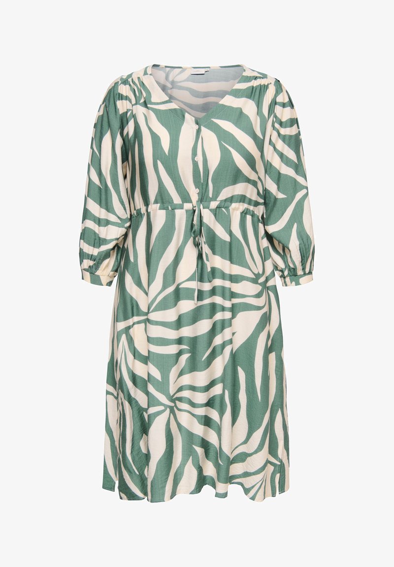 Midikleid mit grünem und weißem abstraktem Blattmuster, V-Ausschnitt, dreiviertel Puffärmel, Knopfleiste vorne und Taillenschärpe.