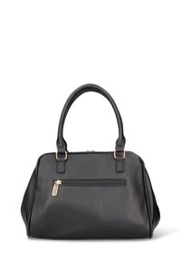 Borsa a mano in pelle nera con finitura strutturata, forma rigida, doppio manico e tasca frontale con cerniera e dettagli in metallo color oro.