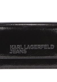 Portafoglio in pelle verniciata nera con logo in rilievo "KARL LAGERFELD JEANS". Presenta un design elegante e una texture liscia e lucida.