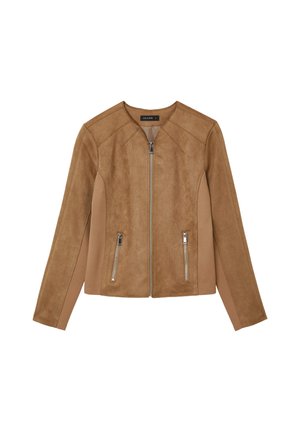 Braune Wildlederjacke mit langen Ärmeln, Verschluss mit Frontreißverschluss und zwei seitlichen Reißverschlusstaschen auf weißem Hintergrund.
